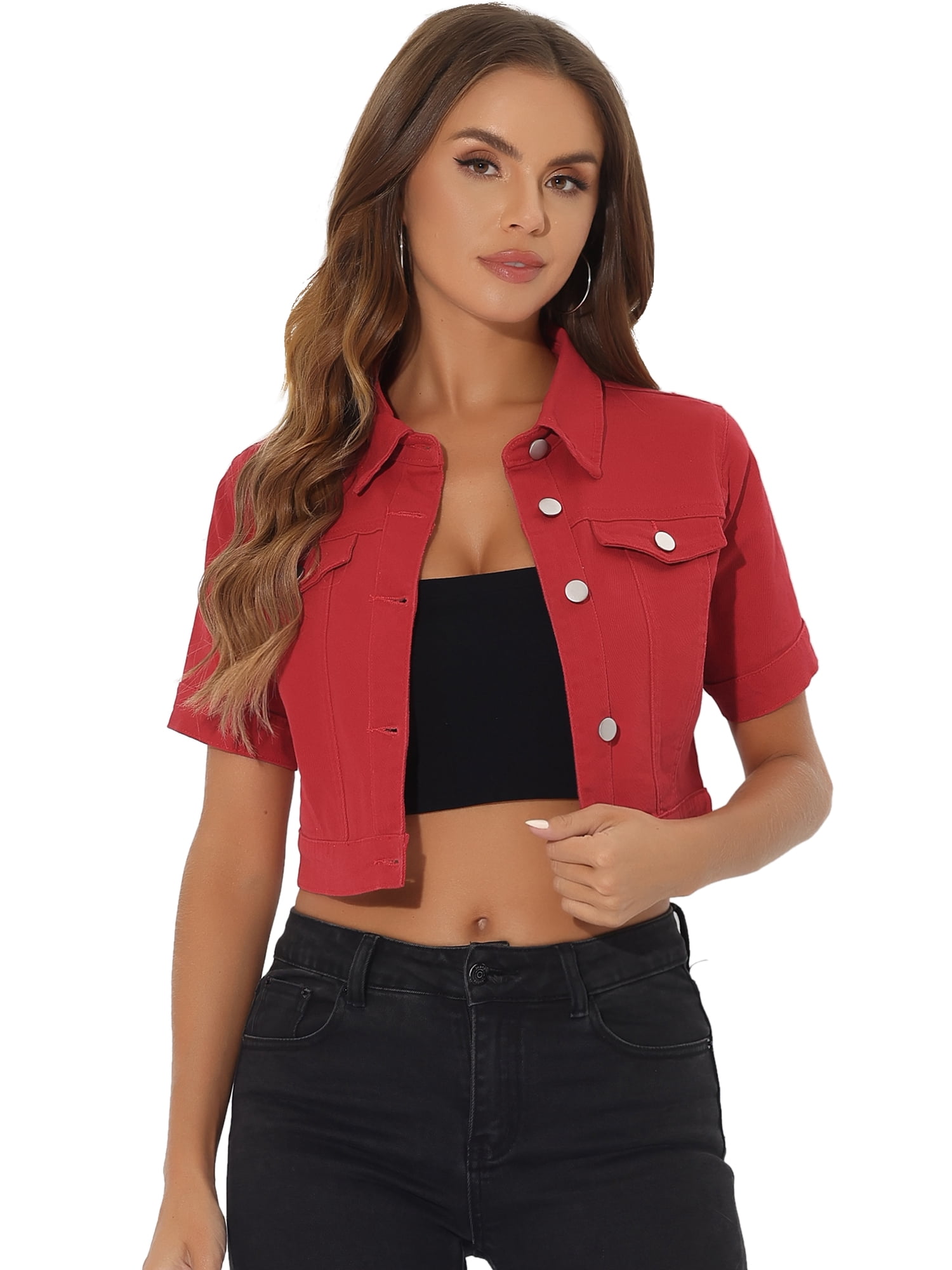 DARING DIVA Women's Short Sleeves Crop Button Down Denim Jacket M Burgundy