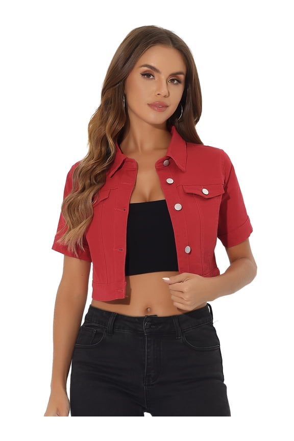 Women's Short Sleeves Crop Button Down Denim Jacket M Burgundy