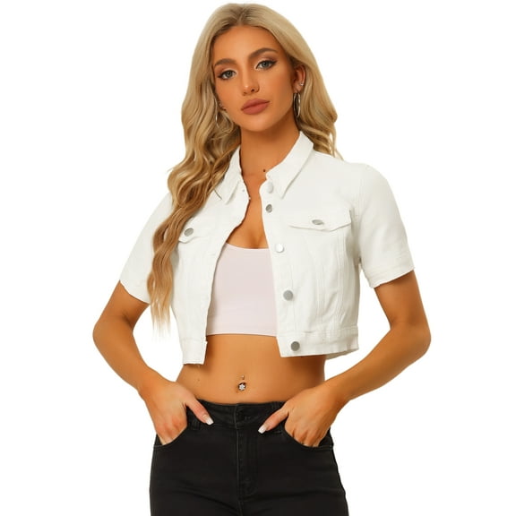 DARING DIVA Women's Short Sleeves Crop Button Down Denim Jacket M White