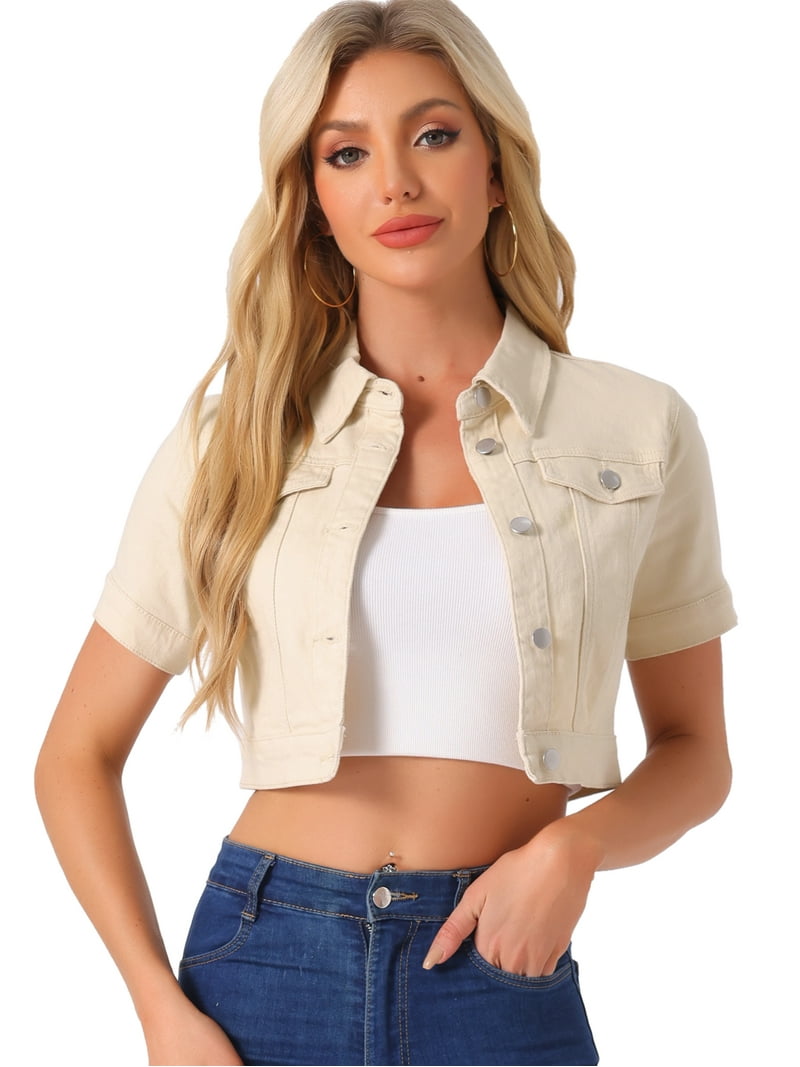 DARING DIVA Women's Short Sleeves Crop Button Down Denim Jacket S