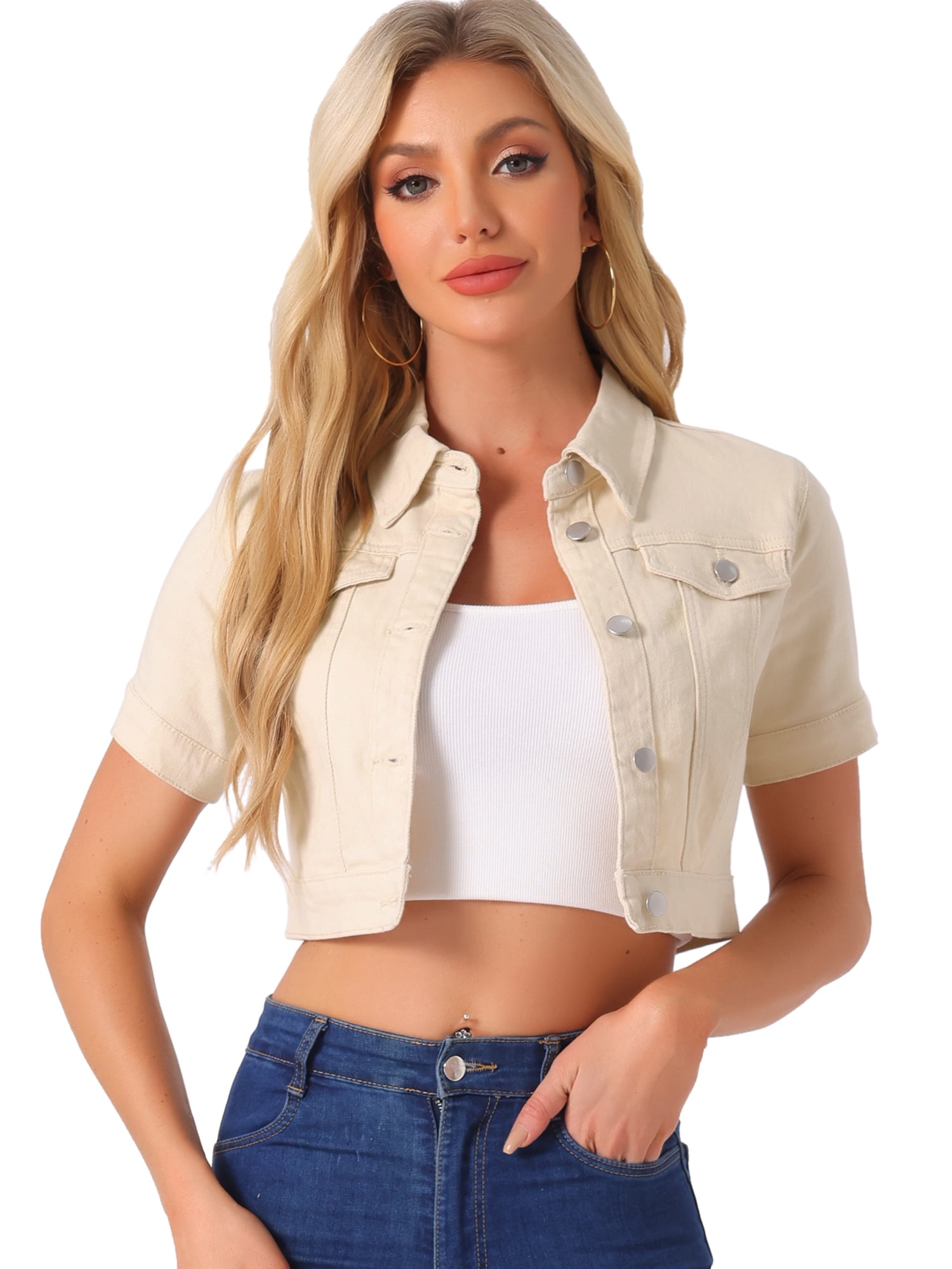 DARING DIVA Women's Short Sleeves Crop Button Down Denim Jacket XL Apricot