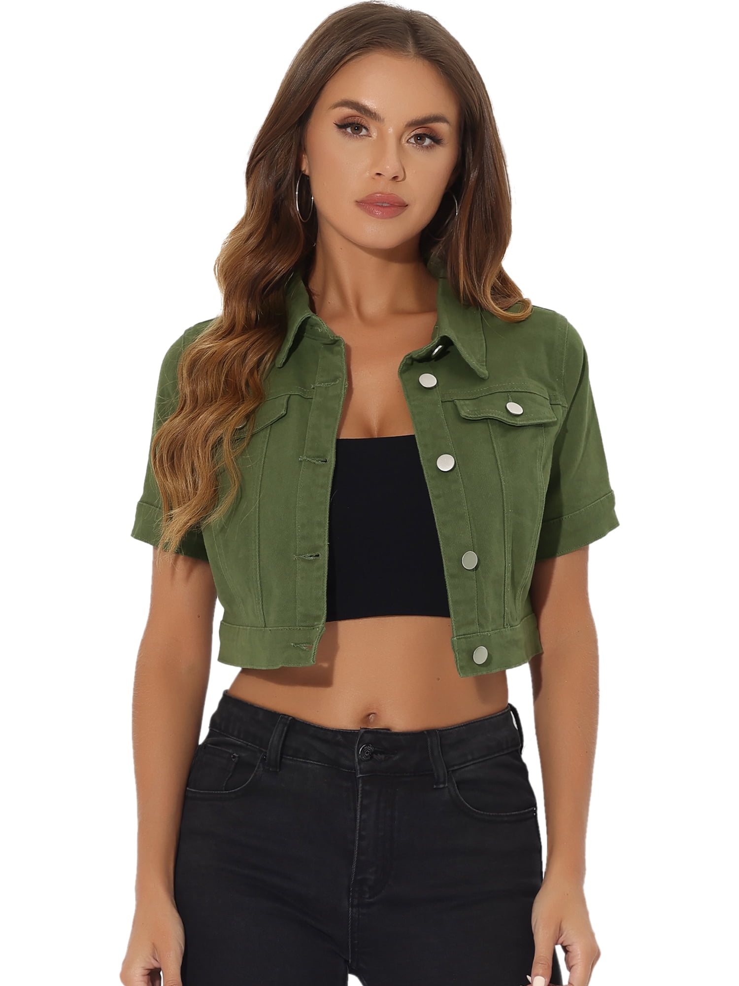 DARING DIVA Women's Short Sleeves Crop Button Down Denim Jacket XL Green