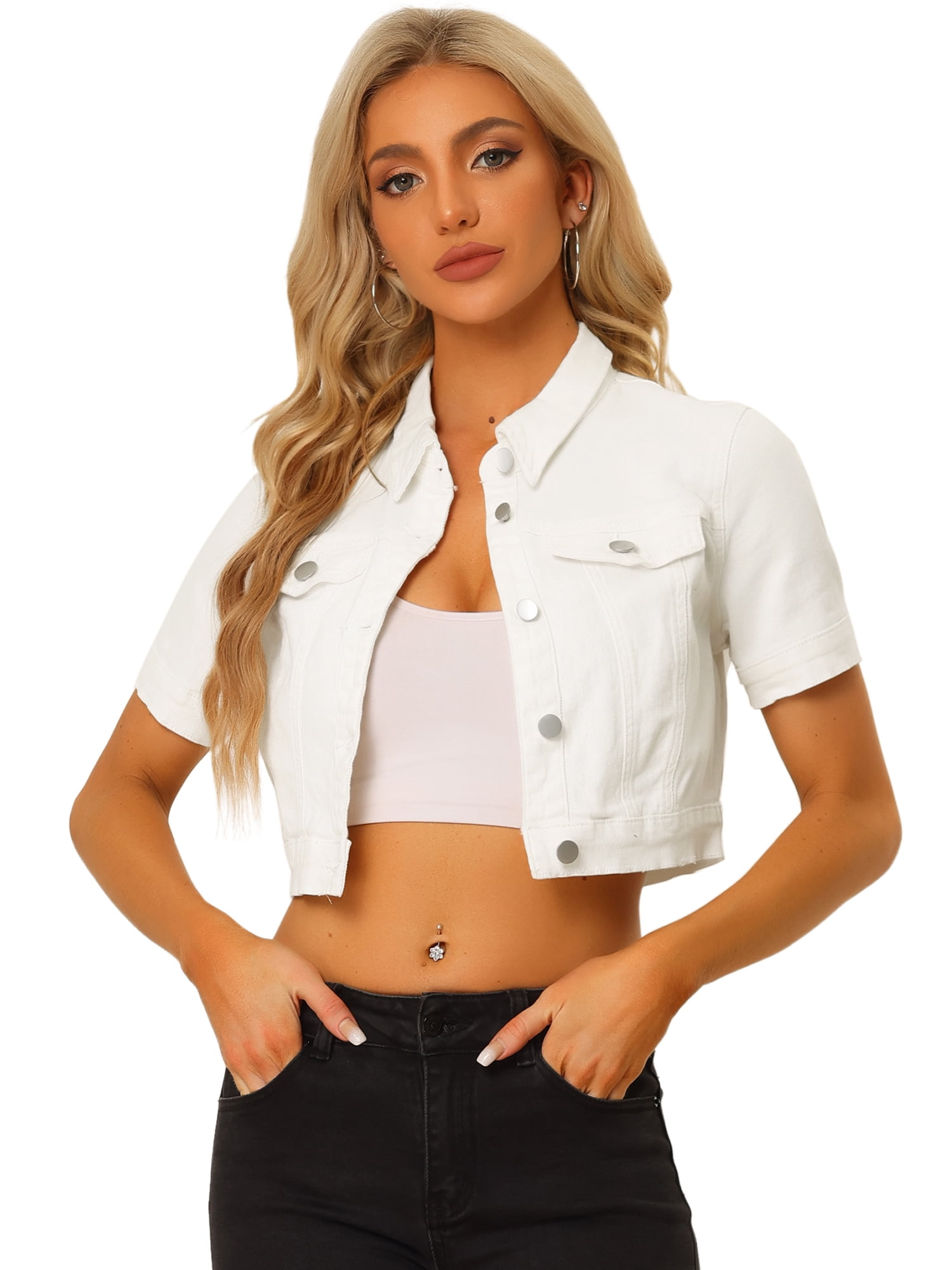 DARING DIVA Women's Short Sleeves Crop Button Down Denim Jacket XL