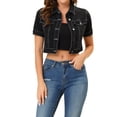 thumbnail image 1 of DARING DIVA Women's Short Sleeves Crop Button Down Denim Jacket XS Black, 1 of 6