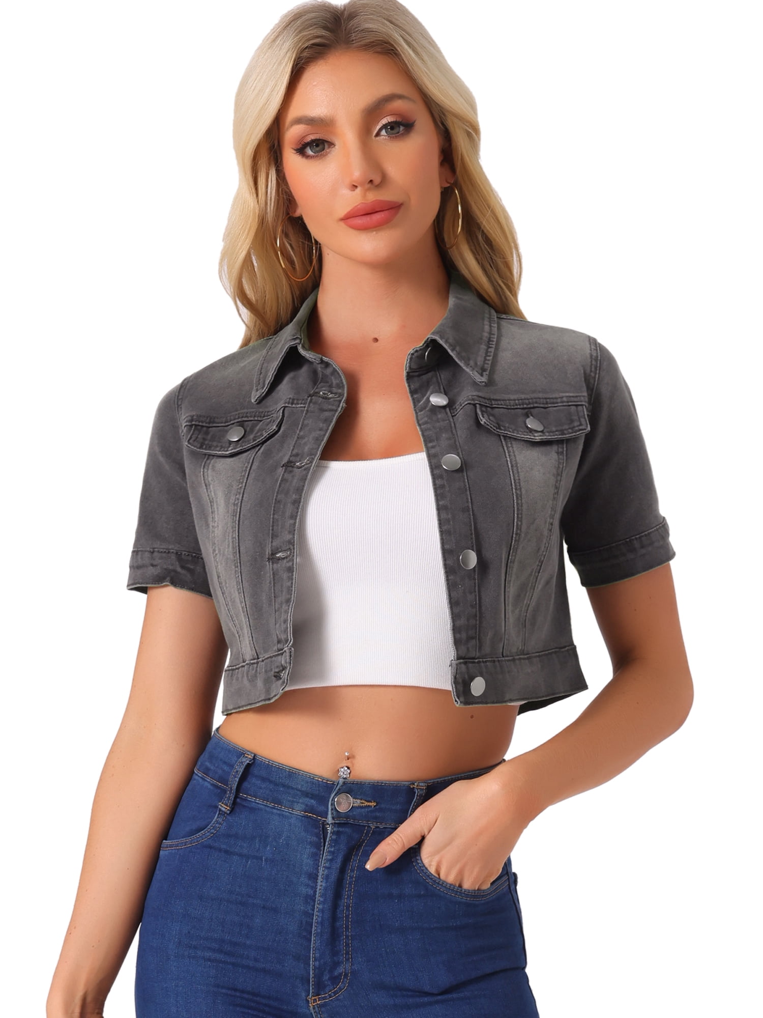 DARING DIVA Women's Short Sleeves Crop Button Down Denim Jacket XS Dark Gray