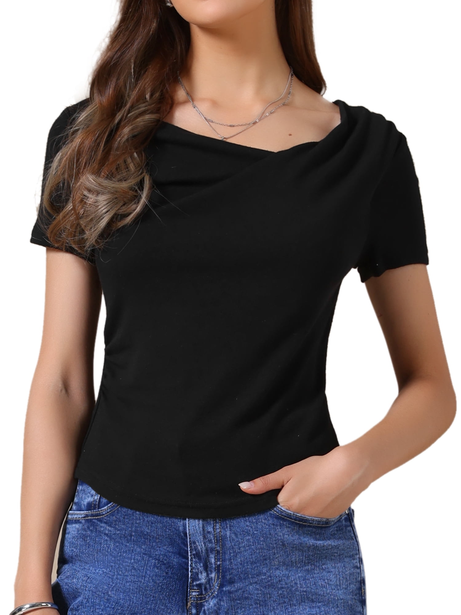 DARING DIVA Women's Short Sleeves Top Ruched Going Out Crop Slim Tee Blouse M Black