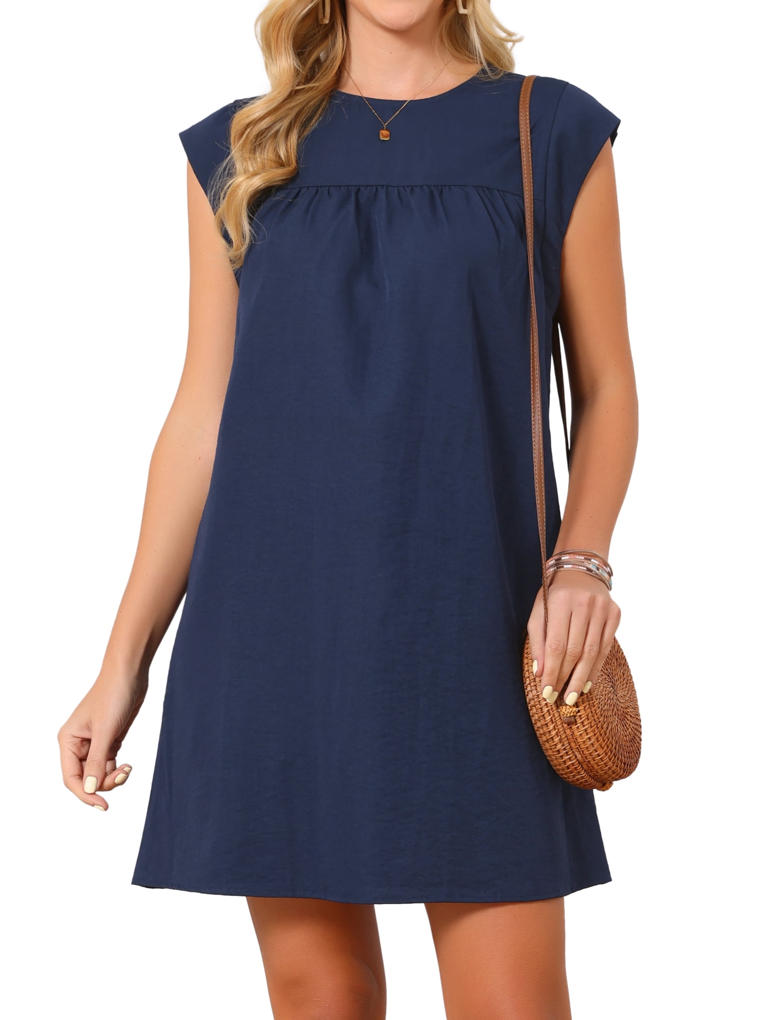 DARING DIVA Women's Short Tank Dress Cap Sleeve Crewneck Mini Dresses L Dark Blue