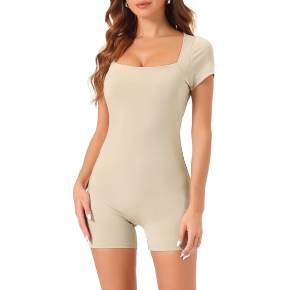 DARING DIVA Women's Short Unitard Stretchy Square Neck Jumpsuit M Apricot