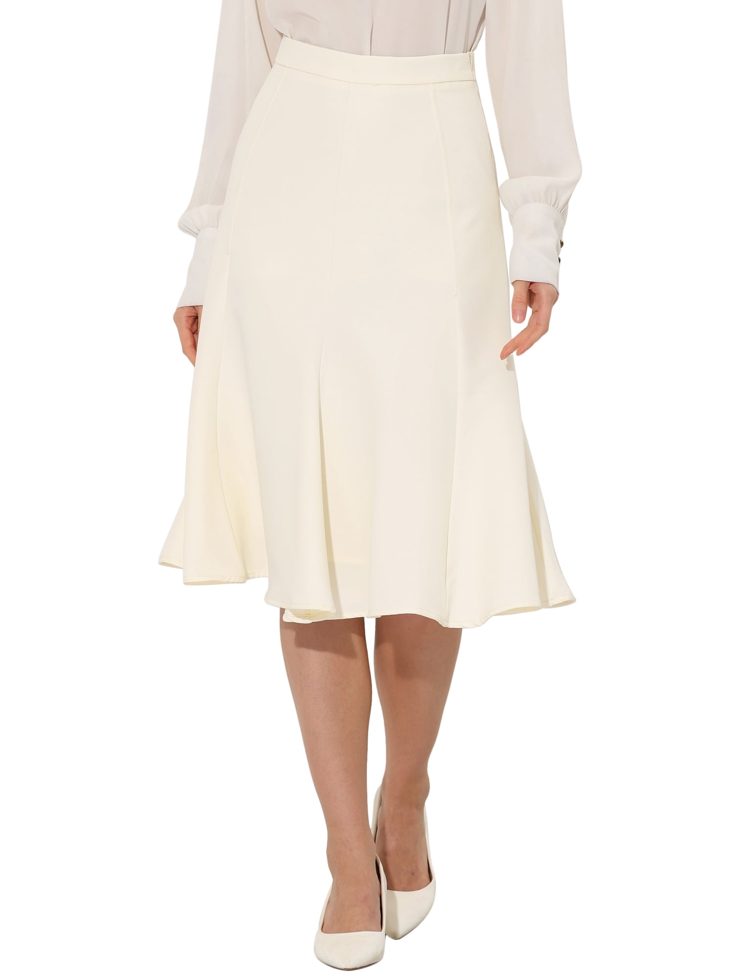DARING DIVA Women's Side Zipper Flared Flowy A Line Midi Skirts L Beige