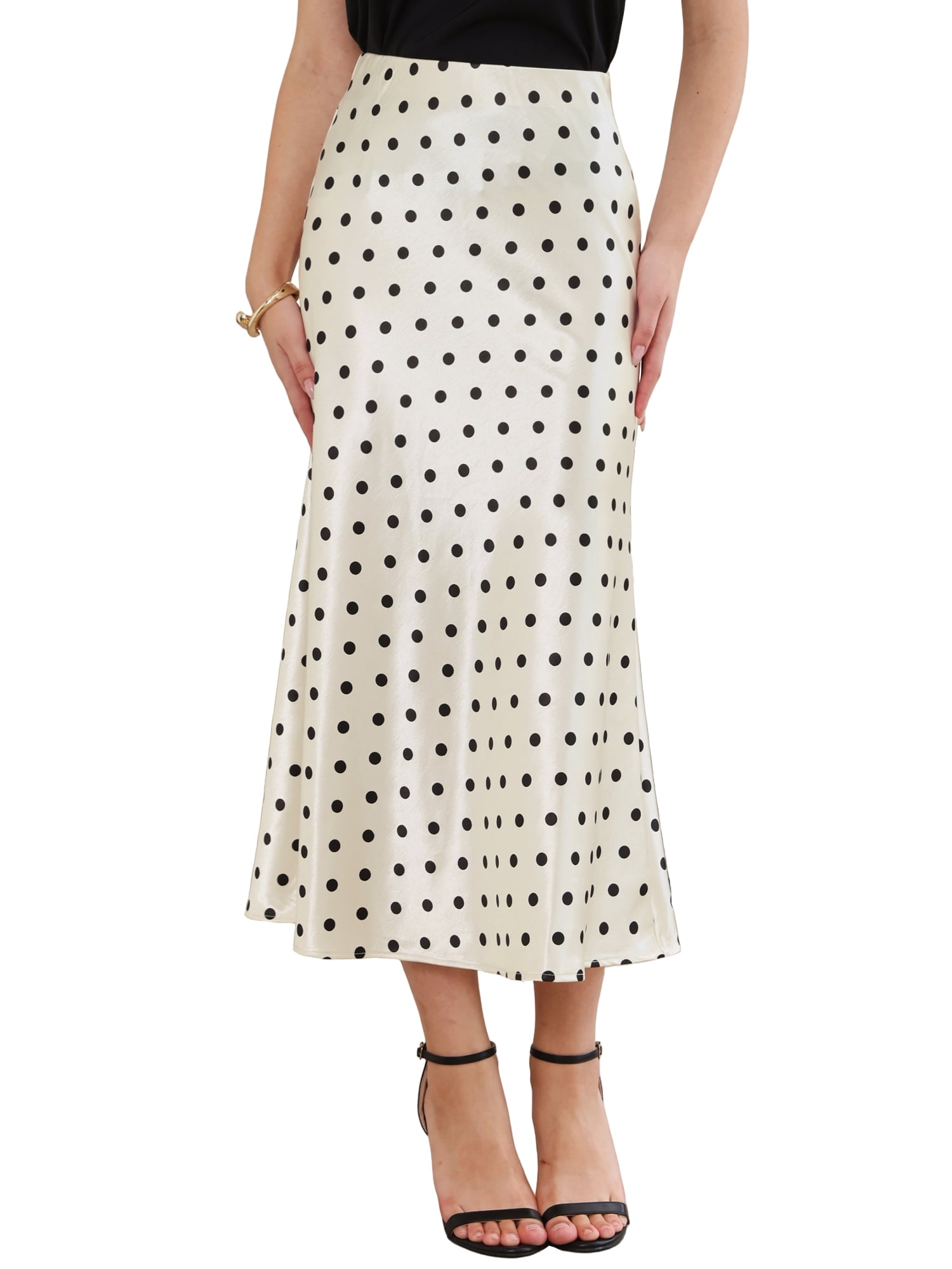 DARING DIVA Women's Silk Satin Polka Dot Midi Skirt with Design Large Light Apricot