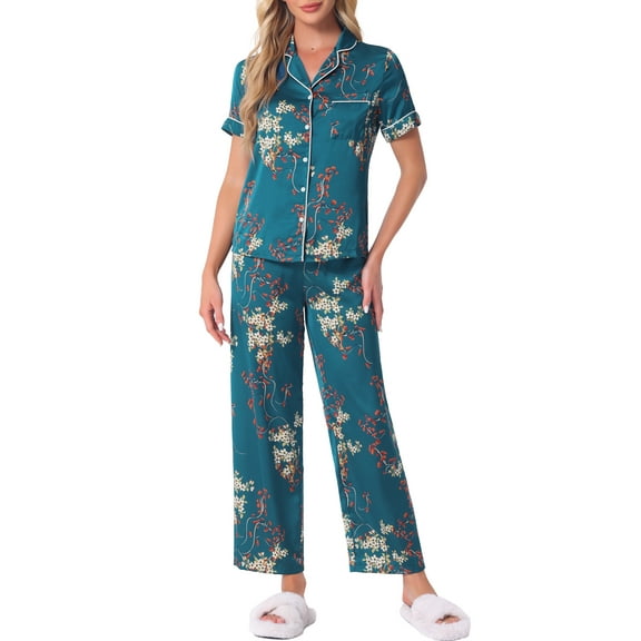 DARING DIVA Women's Silk Short Sleeves Floral Satin Pajama Sets S Bright Blue