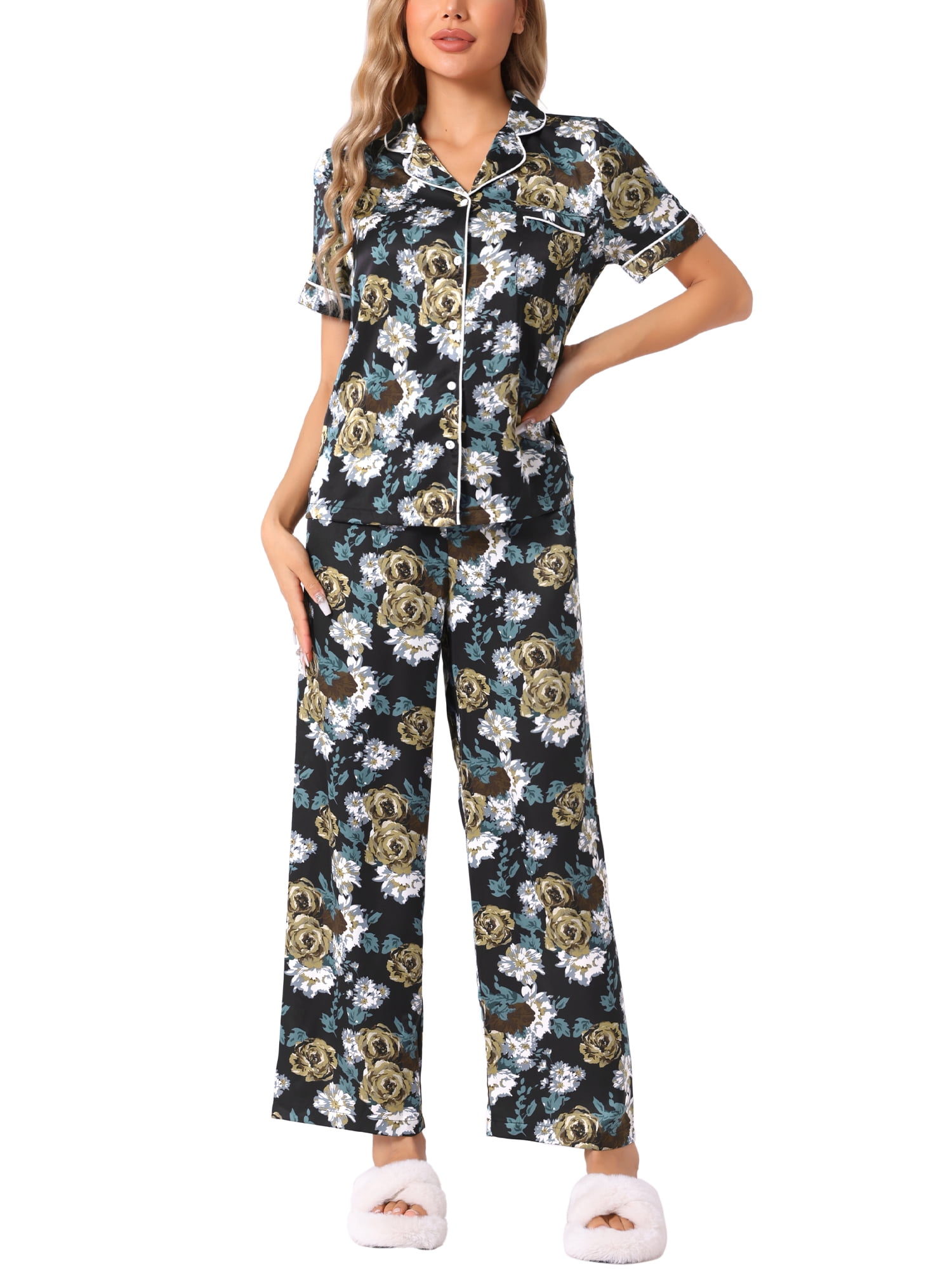 DARING DIVA Women's Silk Short Sleeves Floral Satin Pajama Sets XL Black Flowers