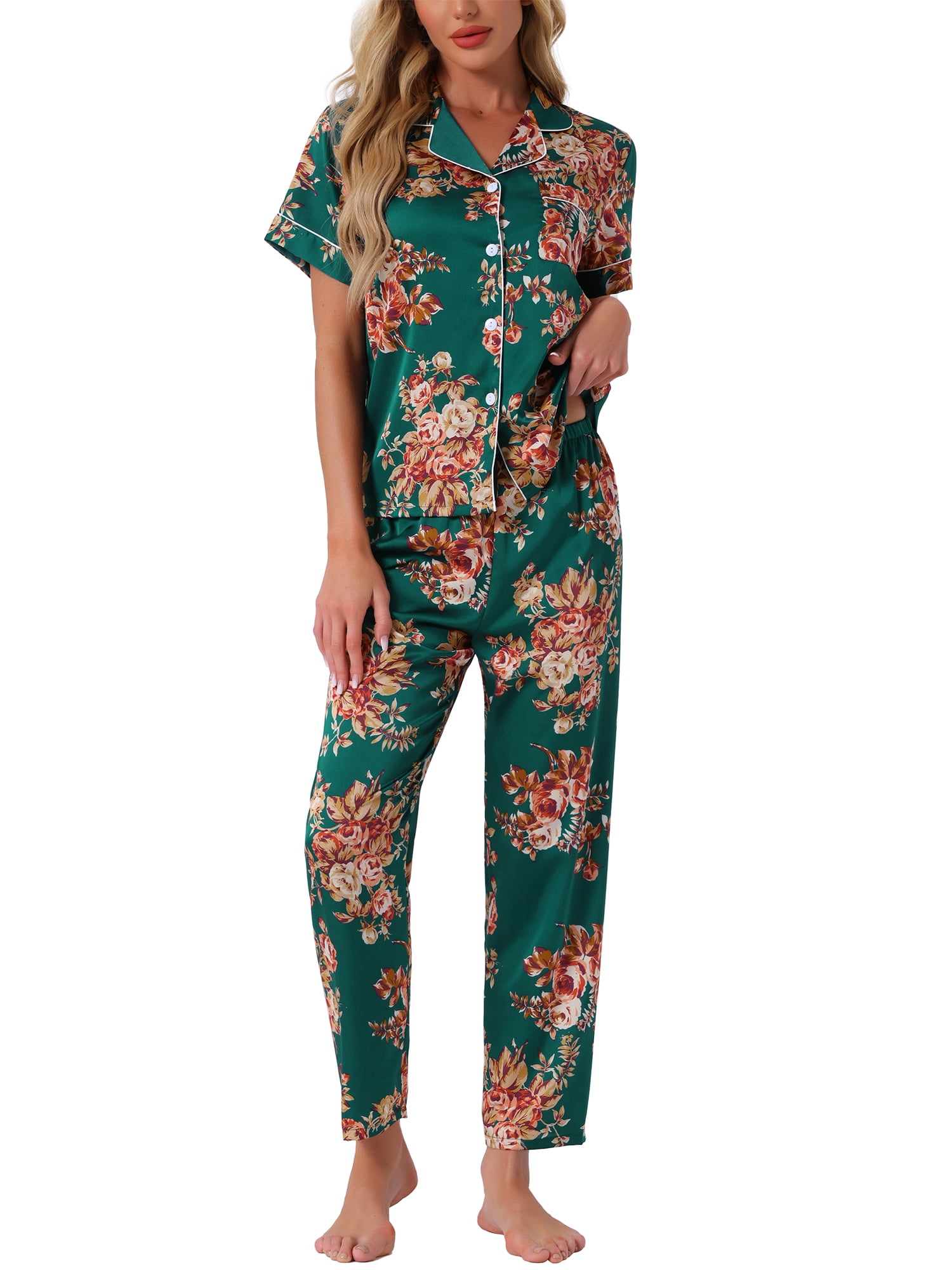 DARING DIVA Women's Silk Short Sleeves Floral Satin Pajama Sets XL Green Orange