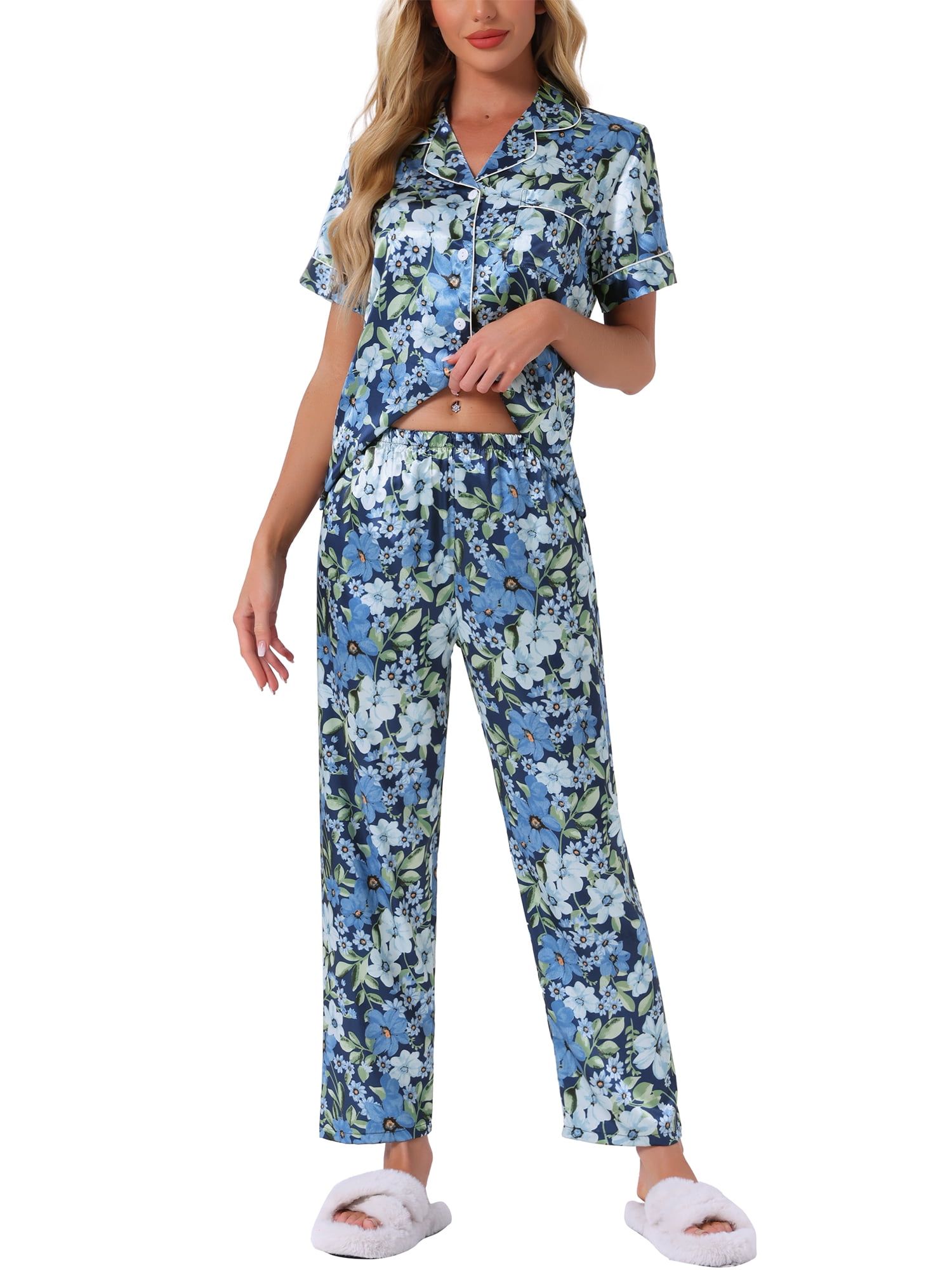 DARING DIVA Women's Silk Short Sleeves Floral Satin Pajama Sets XS Blue Flowers