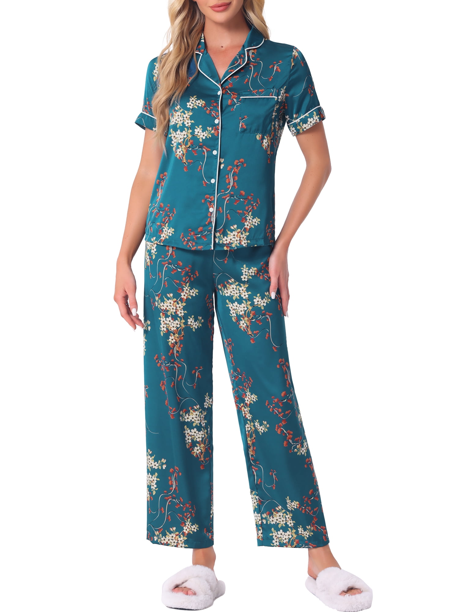 DARING DIVA Women's Silk Short Sleeves Floral Satin Pajama Sets XS Bright Blue