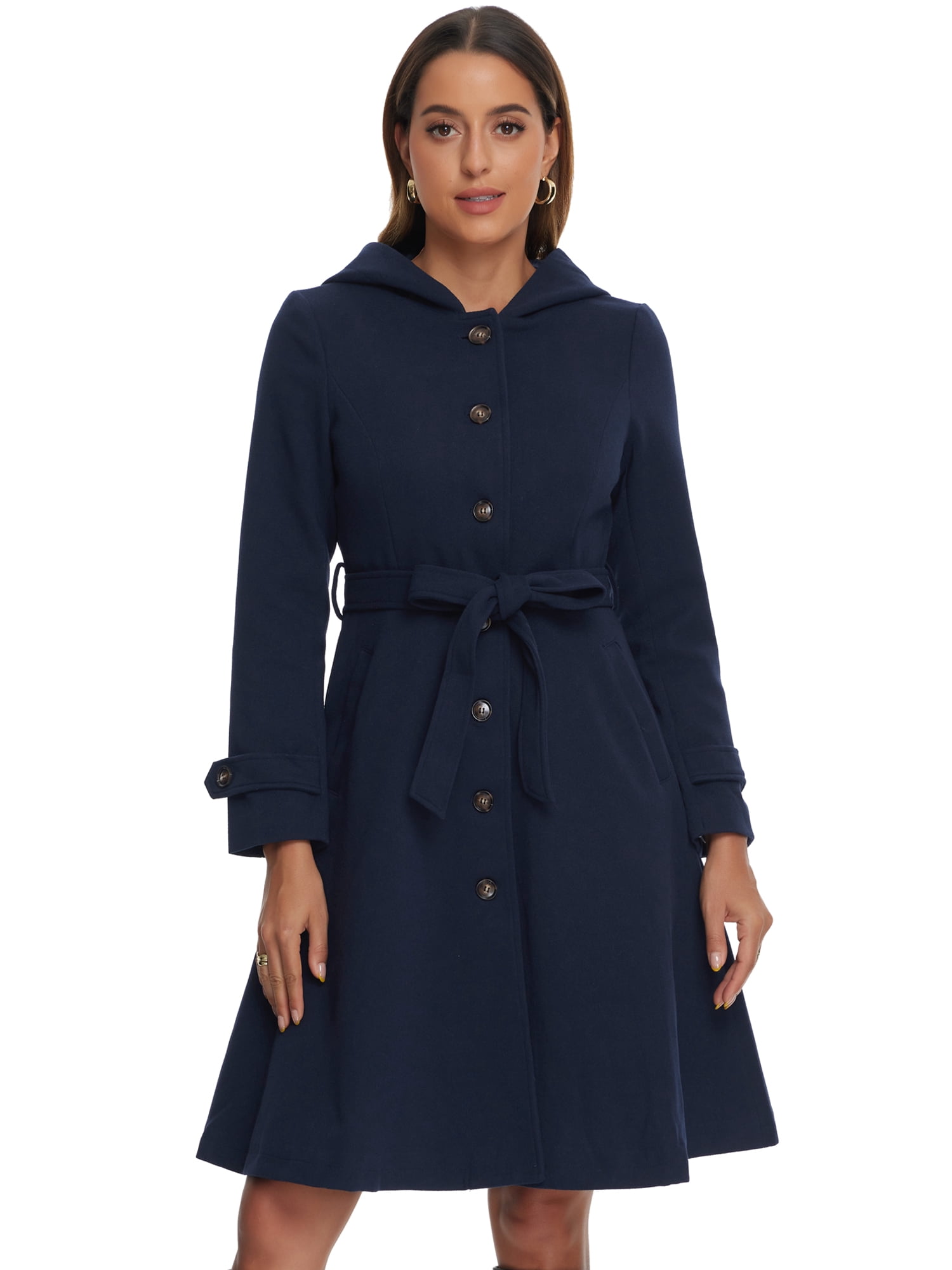 DARING DIVA Women's Single Breasted Belted Outerwear Coat with Pockets Dark Blue S