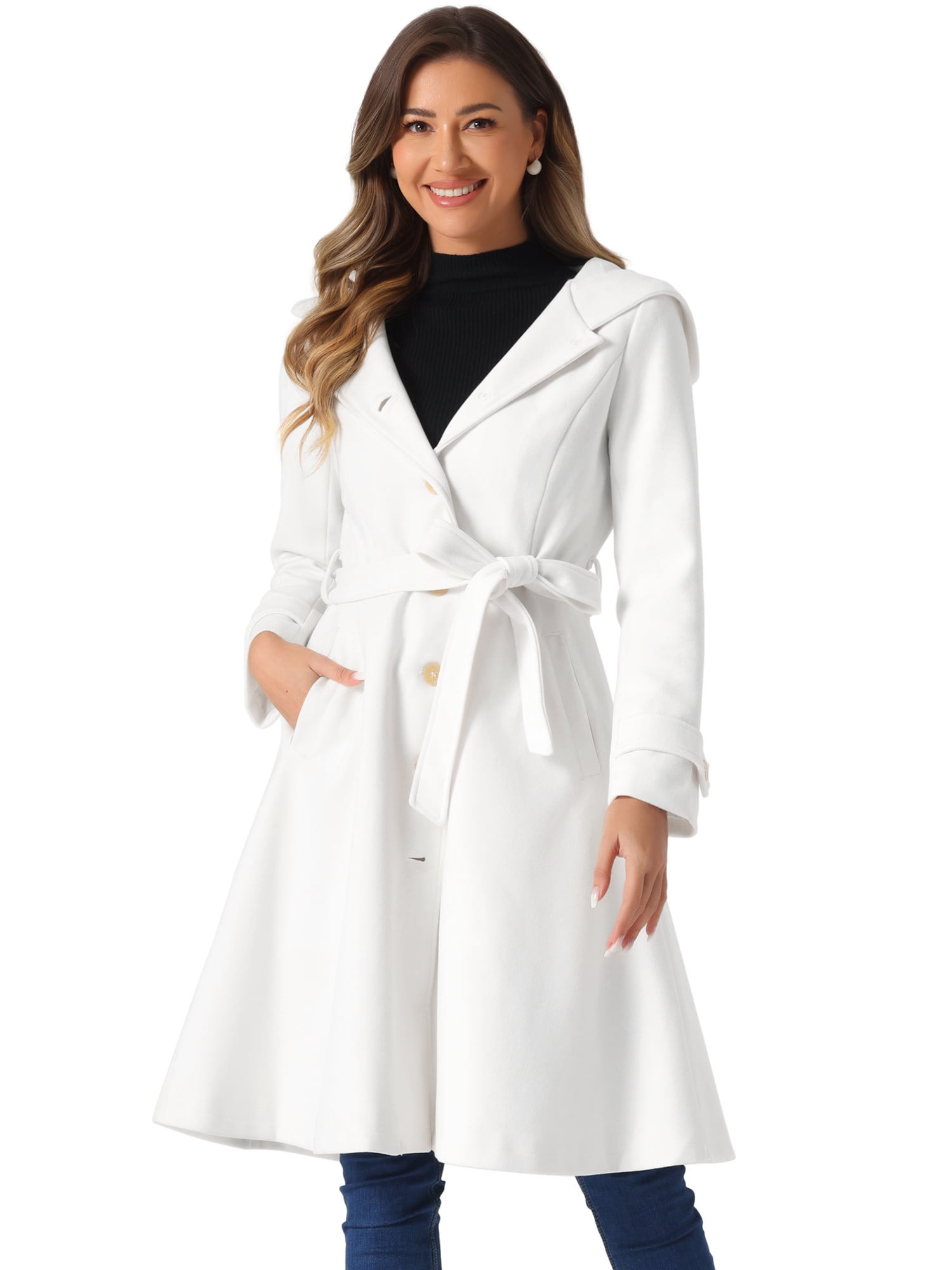 DARING DIVA Women's Single Breasted Belted Outerwear Coat with Pockets White L