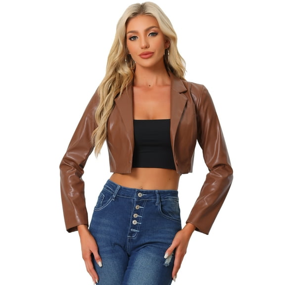 DARING DIVA Women's Single Breasted Blazer Moto PU Fashion Jacket L Brown