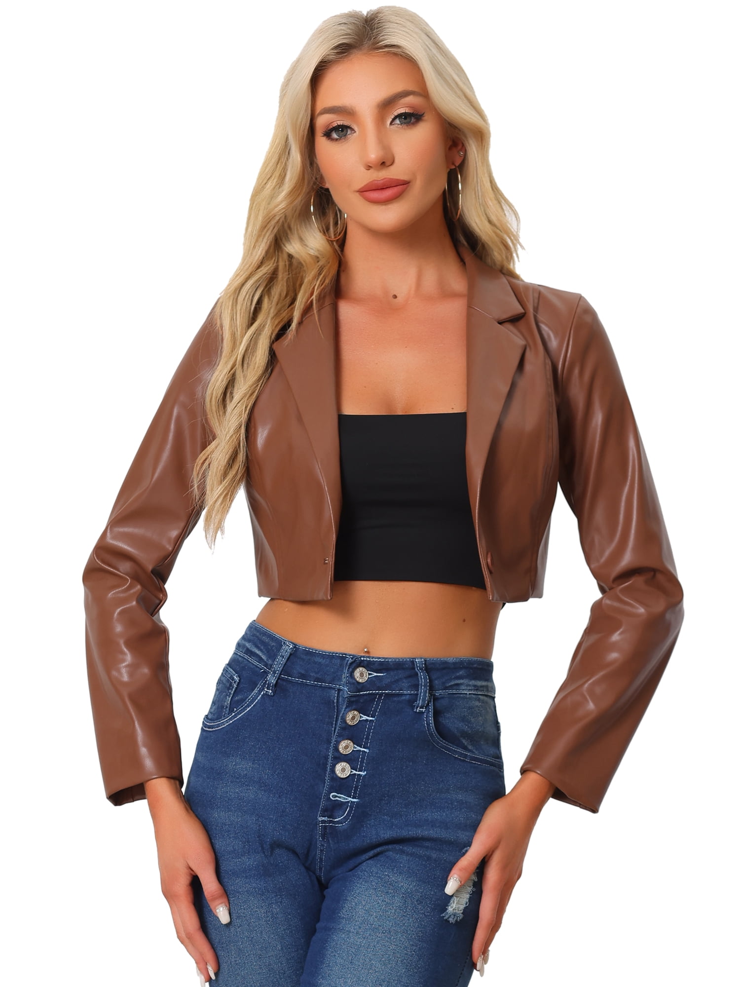DARING DIVA Women's Single Breasted Blazer Moto PU Fashion Jacket S Brown