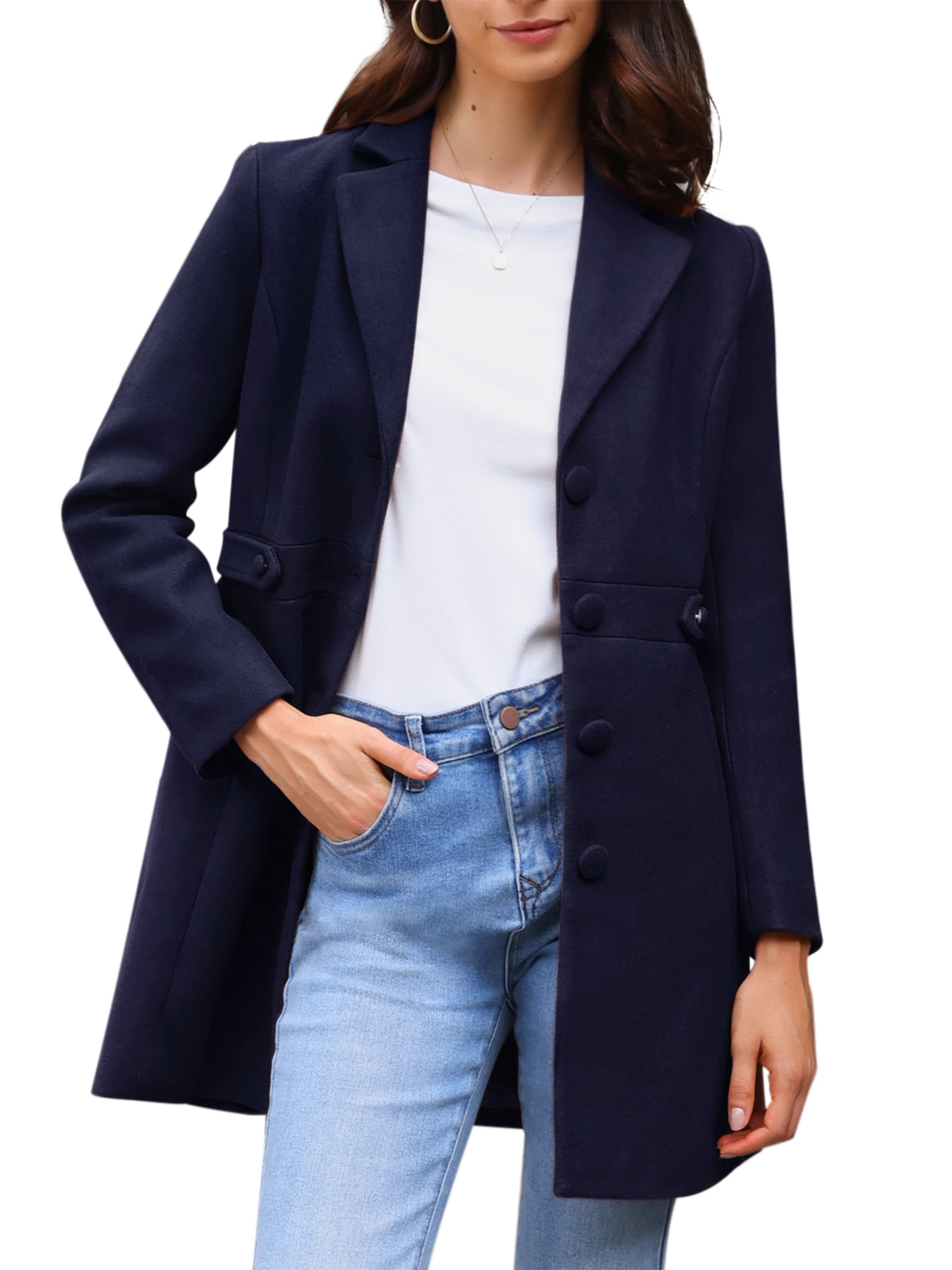 DARING DIVA Women's Single Breasted Button Down Outerwear Pea Coats Deep Blue M