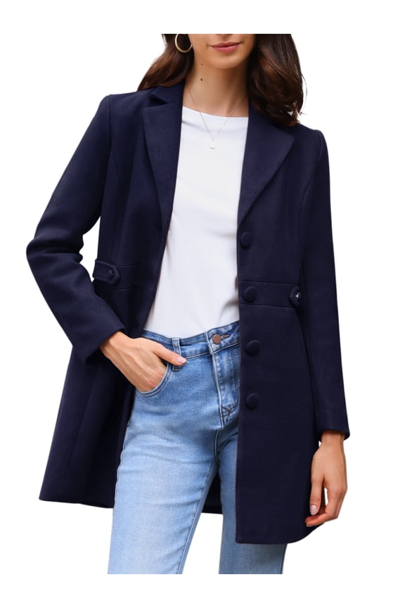 Women's Single Breasted Button Down Outerwear Pea Coats Deep Blue S