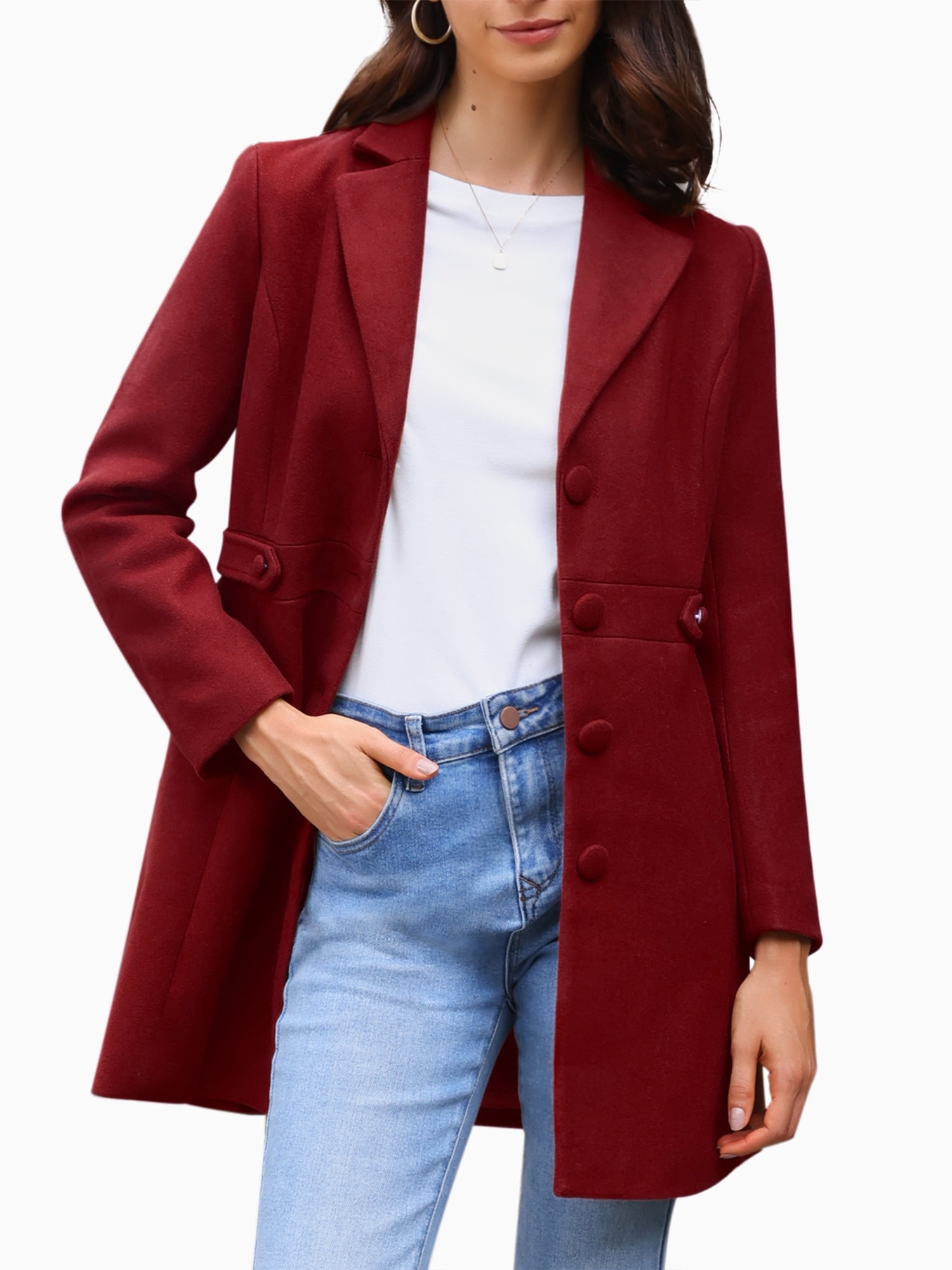 DARING DIVA Women's Single Breasted Button Down Outerwear Pea Coats Deep Red L