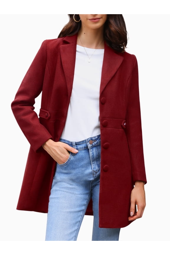 Women's Single Breasted Button Down Outerwear Pea Coats Deep Red XL