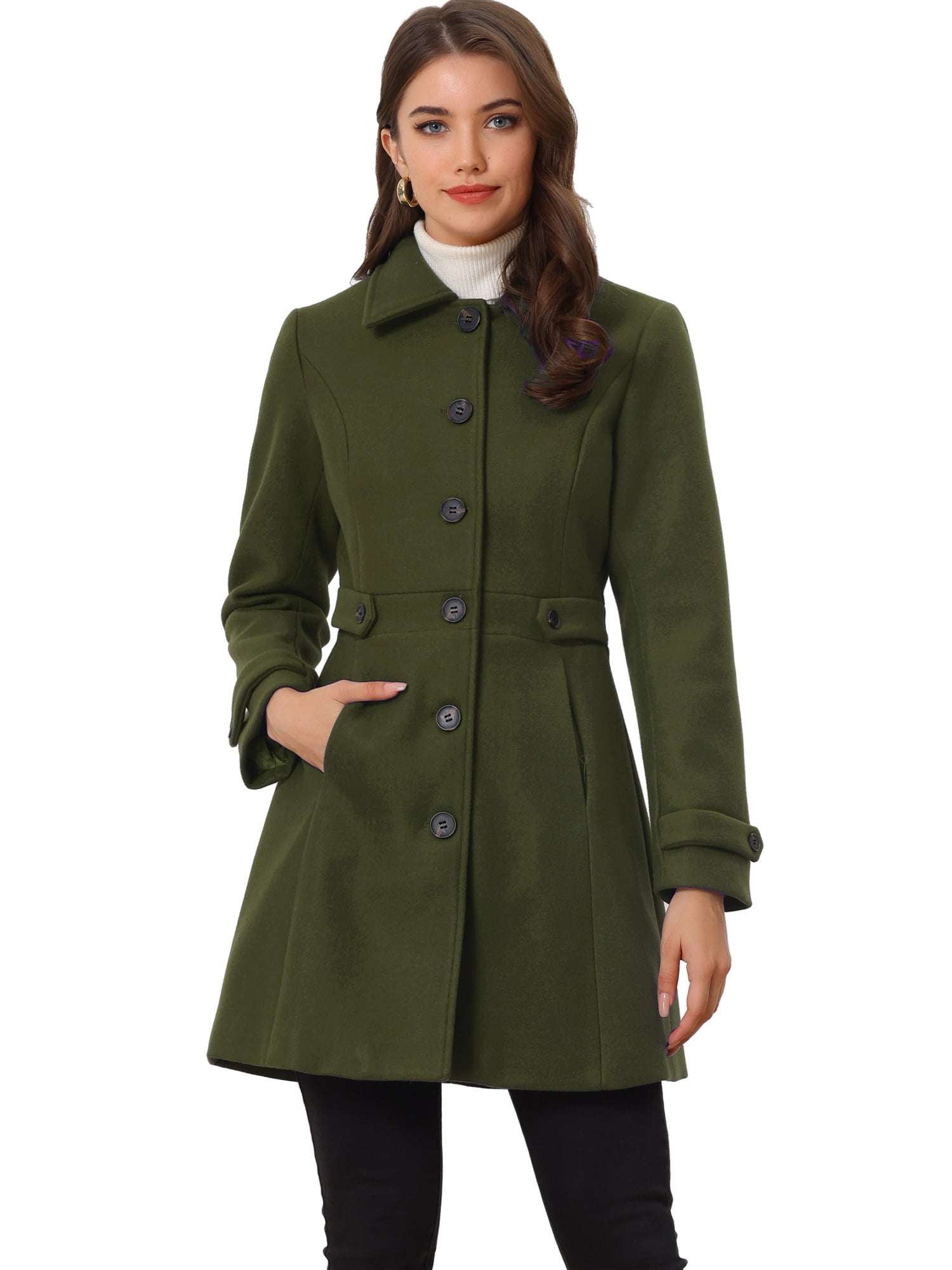 DARING DIVA Women's Single Breasted Long Outwear Winter Coat Army Green S