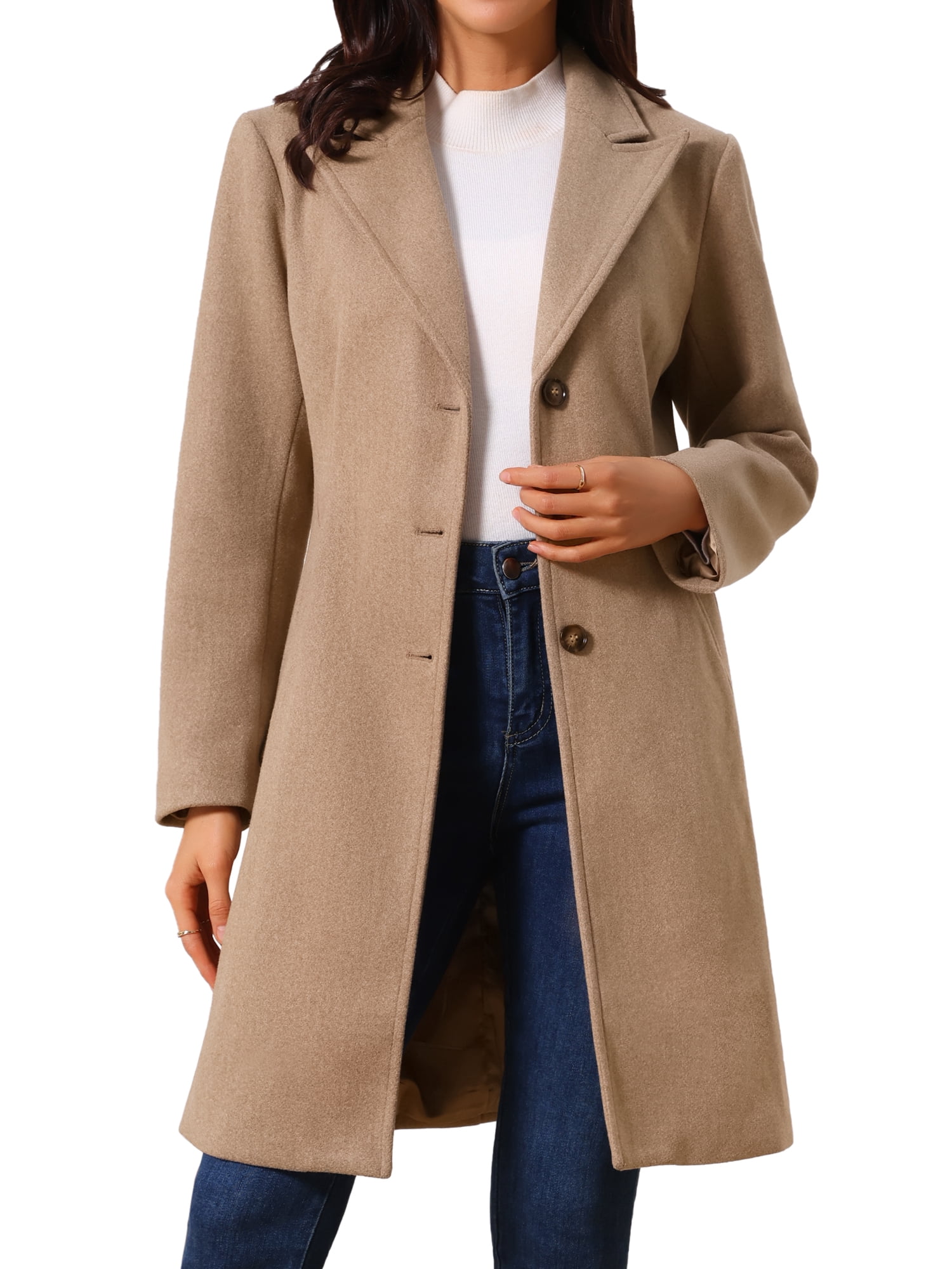 DARING DIVA Women's Winter Single Breasted Peacoat Notched Lapel Button Down Overcoat M Brown