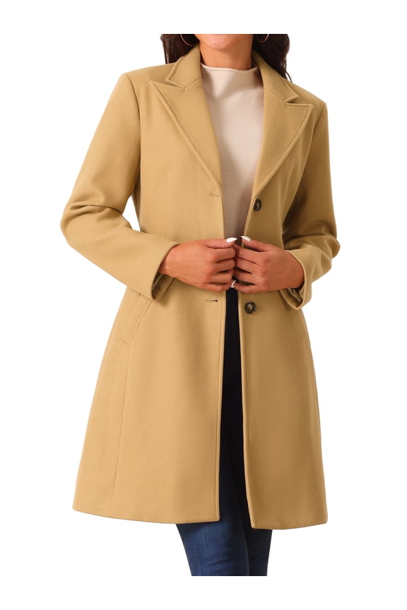 Women's Single Breasted Peacoat Winter Notched Lapel Overcoat Khaki M