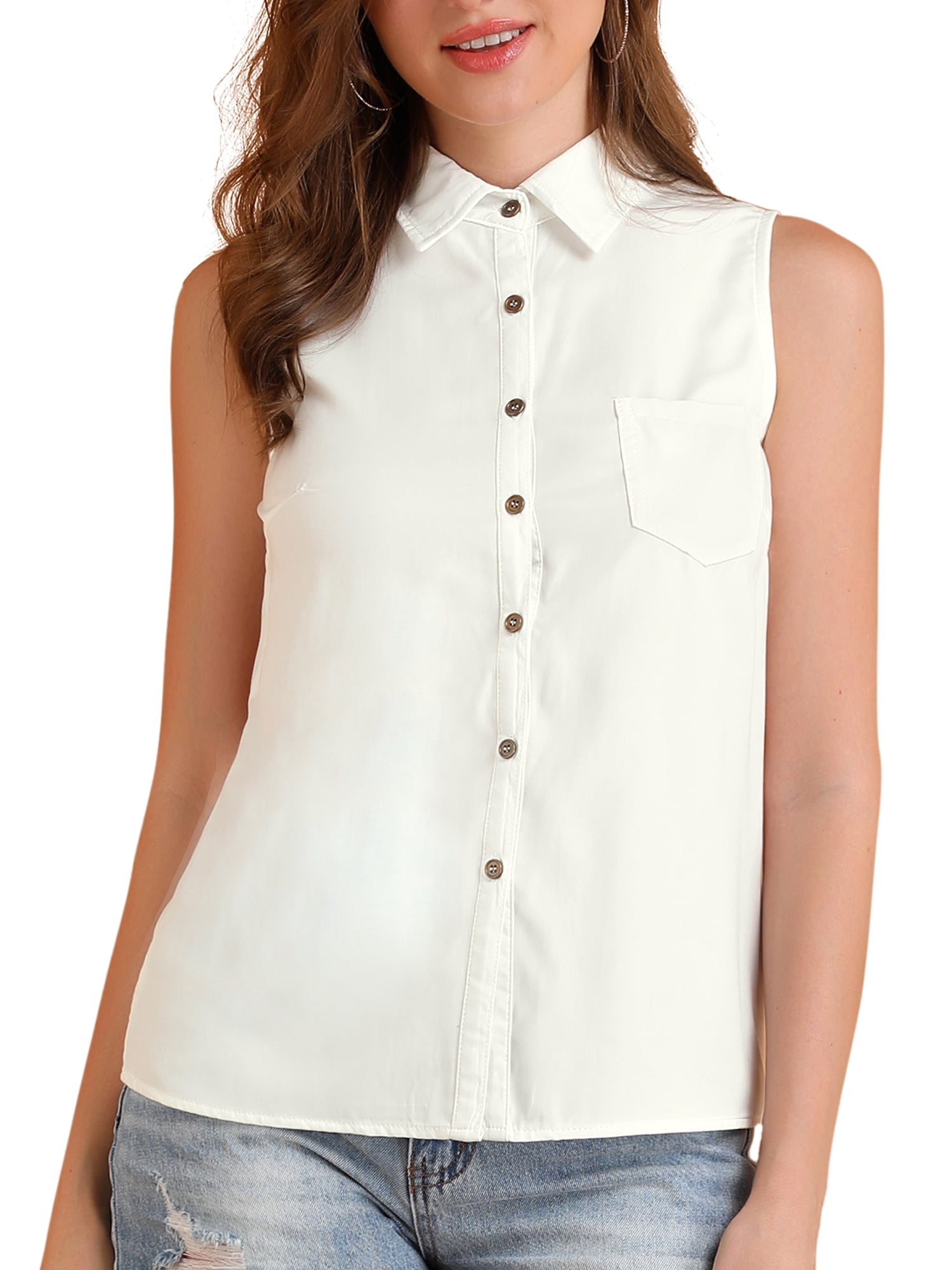 DARING DIVA Women's Single Breasted Point Collar Sleeveless Shirt S White