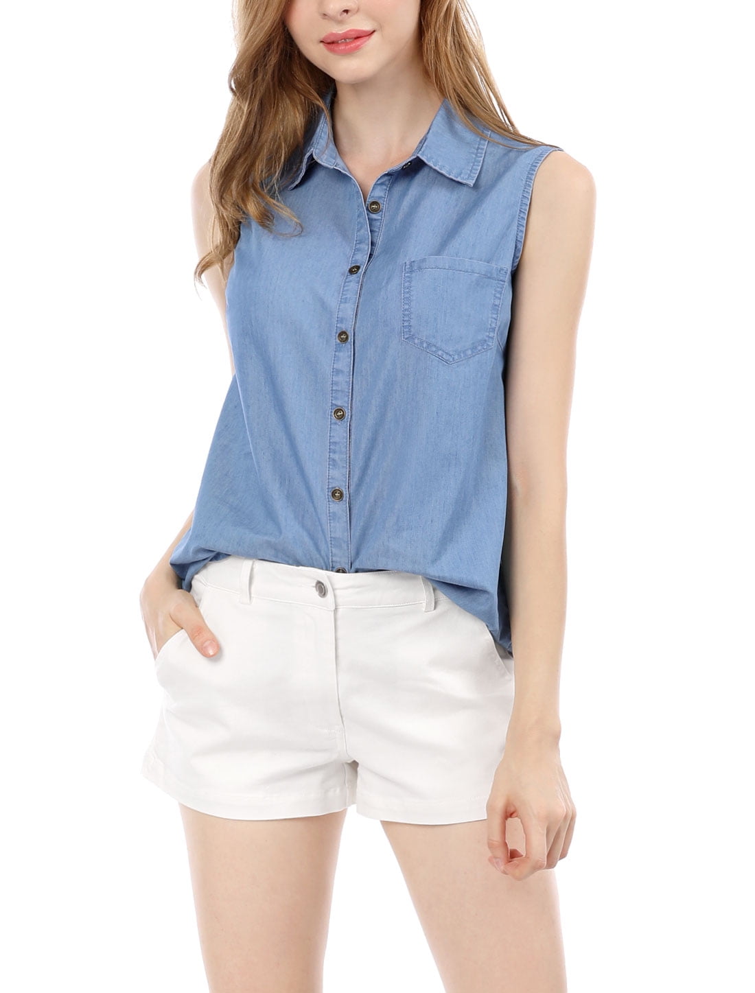 DARING DIVA Women's Single Breasted Point Collar Sleeveless Shirt XL Blue
