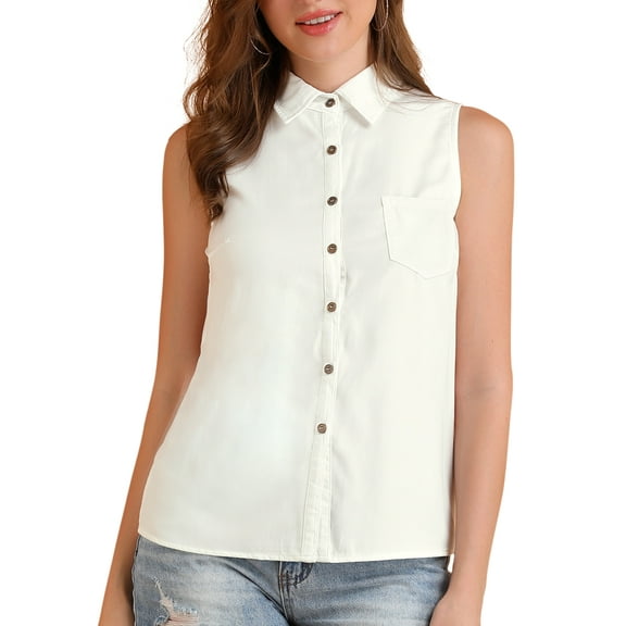 DARING DIVA Women's Single Breasted Point Collar Sleeveless Shirt XL Pure White