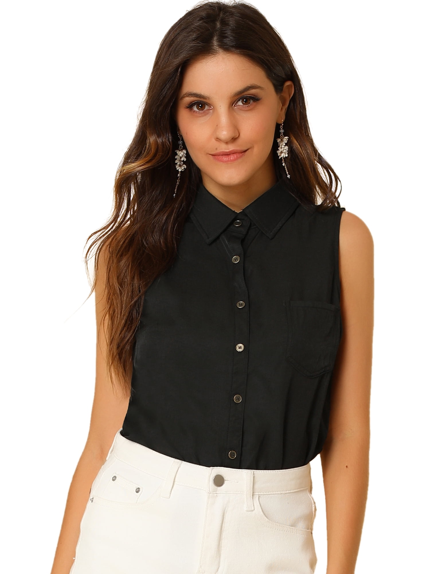 DARING DIVA Women's Single Breasted Point Collar Sleeveless Shirt XL Raven Black