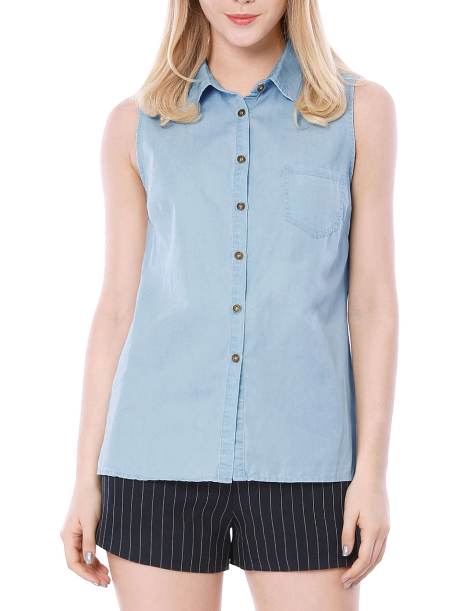 DARING DIVA Women's Single Breasted Point Collar Sleeveless Shirt XL Sky Blue