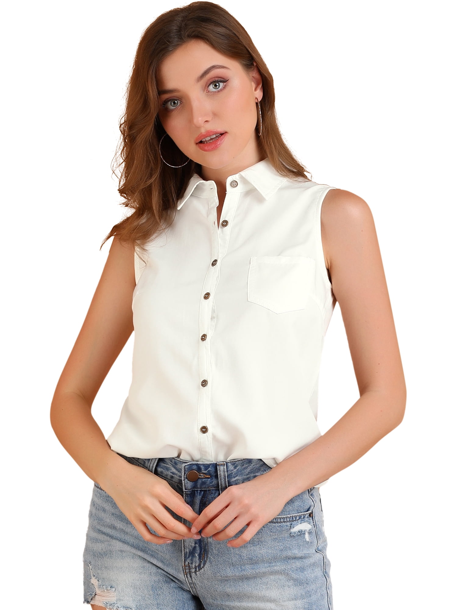 DARING DIVA Women's Single Breasted Point Collar Sleeveless Shirt XL Snow White