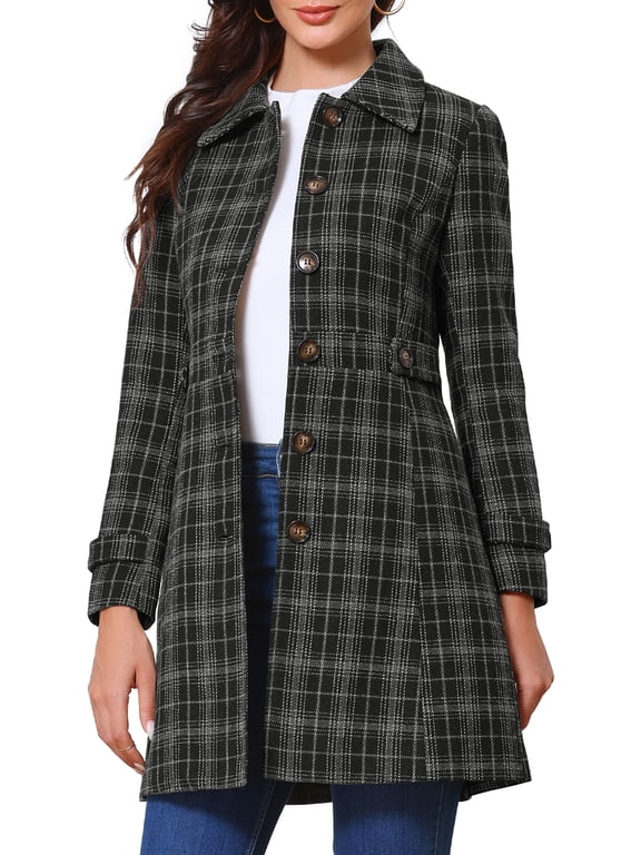 Women's Single Breasted Vintage Winter Overcoat Plaid Pea Coat XS Black