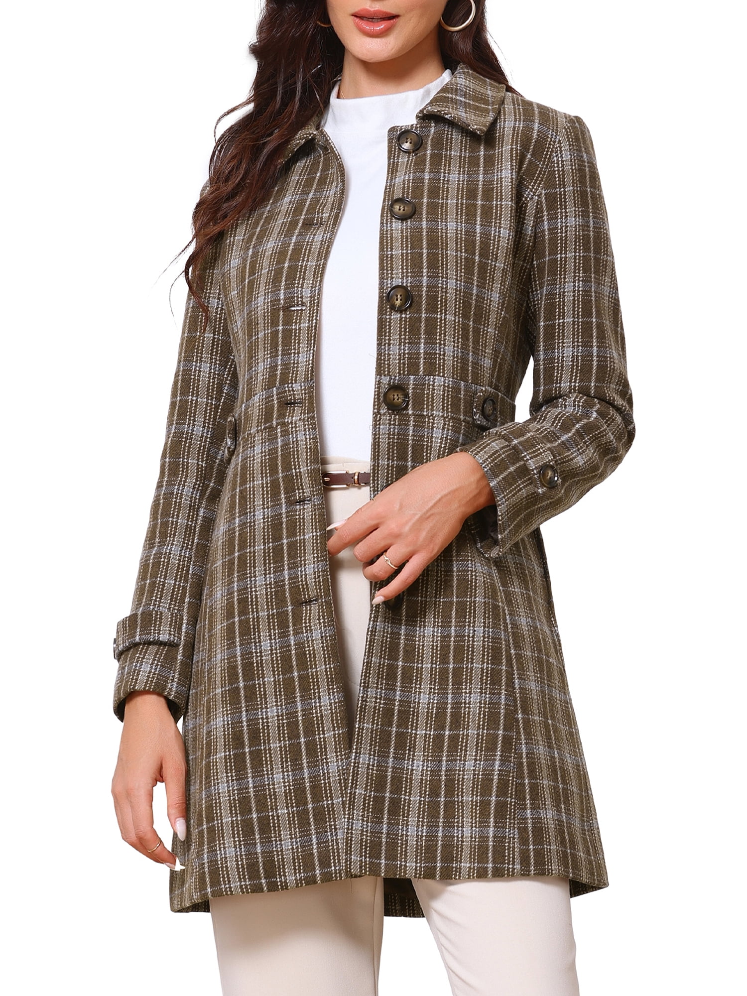 DARING DIVA Women's Single Breasted Vintage Winter Overcoat Plaid Pea Coat XL Coffee