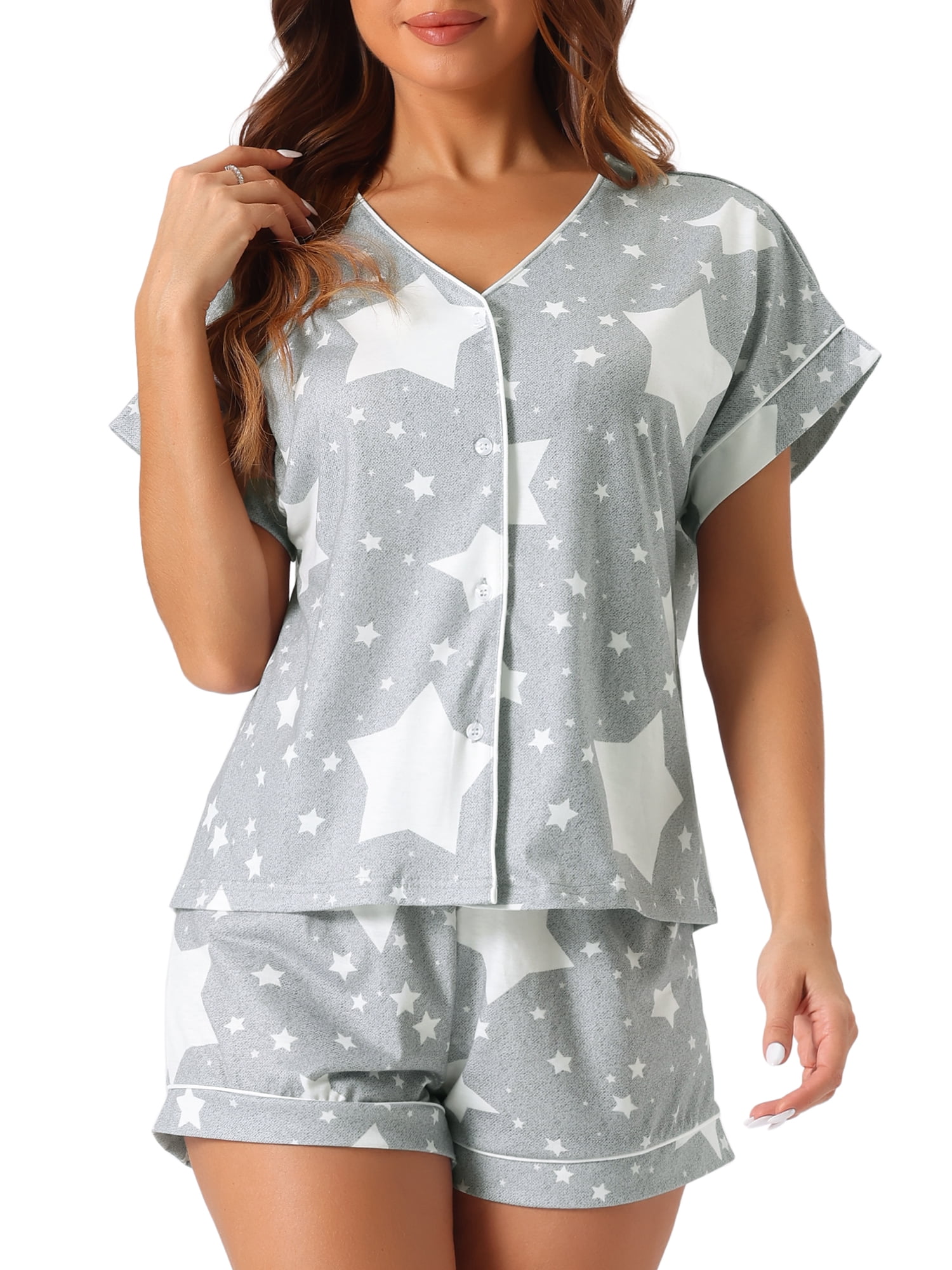 DARING DIVA Women's Button Down Short Sleeve Bridesmaid Soft Modal Pajama Set XS Gray Star