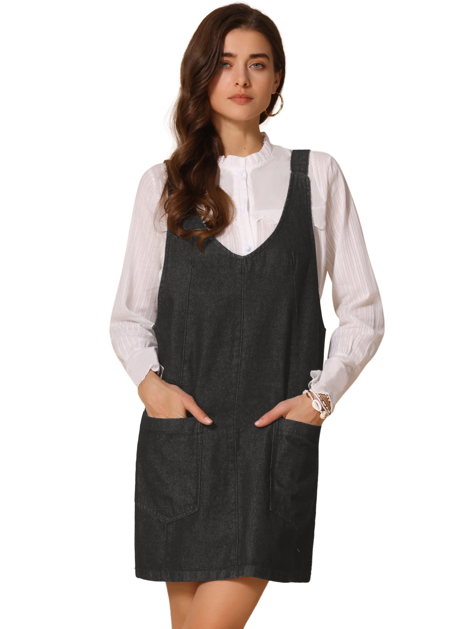 DARING DIVA Women's Sleeveless Adjustable Strap Denim Mini Pinafore Dress L Black