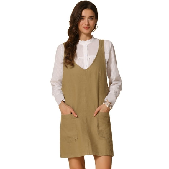 DARING DIVA Women's Sleeveless Adjustable Strap Denim Mini Pinafore Dress L Dark Khaki