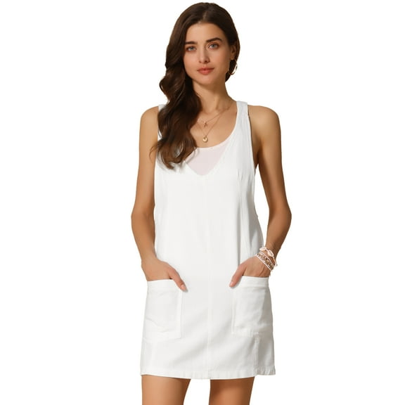DARING DIVA Women's Sleeveless Adjustable Strap Denim Mini Pinafore Dress L White