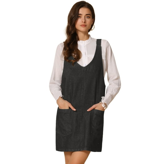 DARING DIVA Women's Sleeveless Adjustable Strap Denim Mini Pinafore Dress M Black