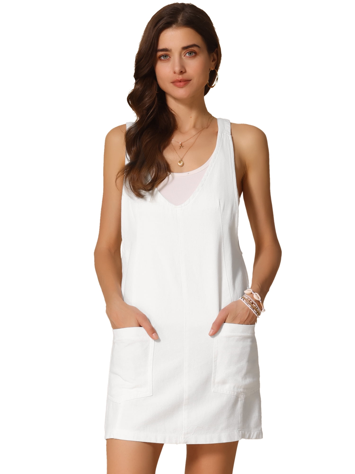 DARING DIVA Women's Sleeveless Adjustable Strap Denim Mini Pinafore Dress M White