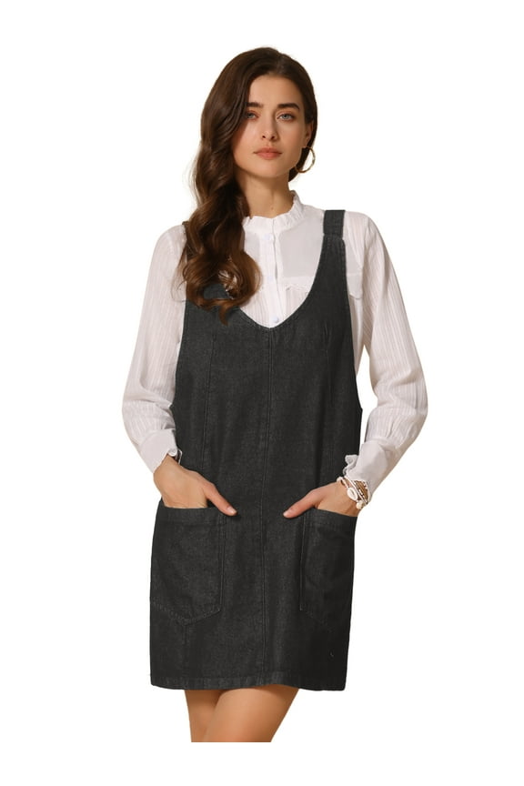 Women's Sleeveless Adjustable Strap Denim Mini Pinafore Dress S Black