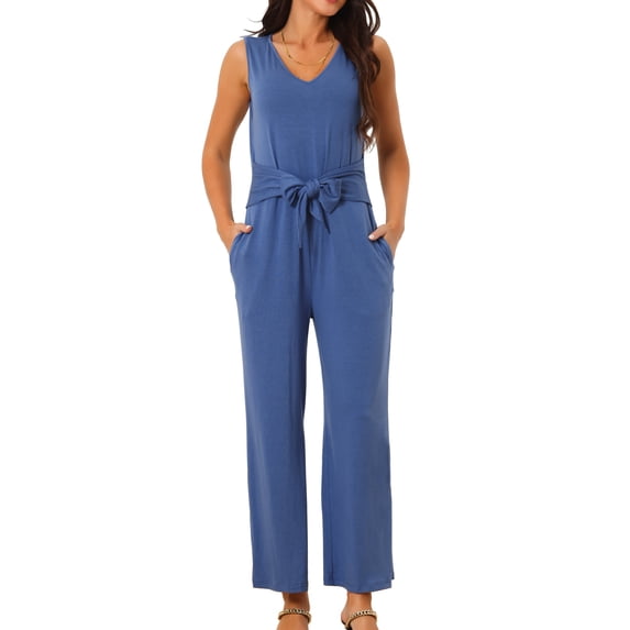 DARING DIVA Women's Sleeveless Belted High Waisted Stretchy Jumpsuit S Blue