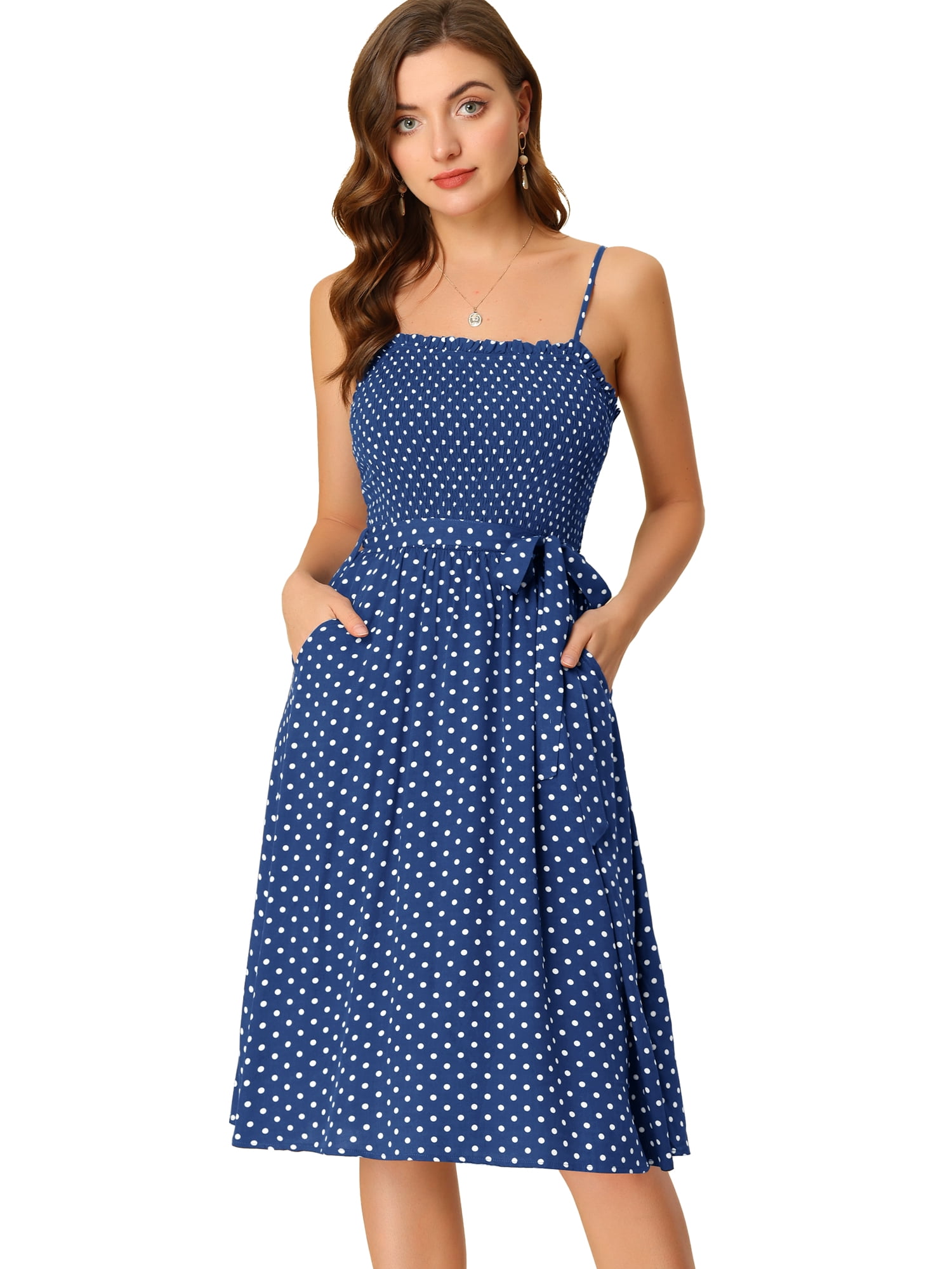 DARING DIVA Women's Sleeveless Belted Spaghetti Strap Polka Dots Dress S Blue