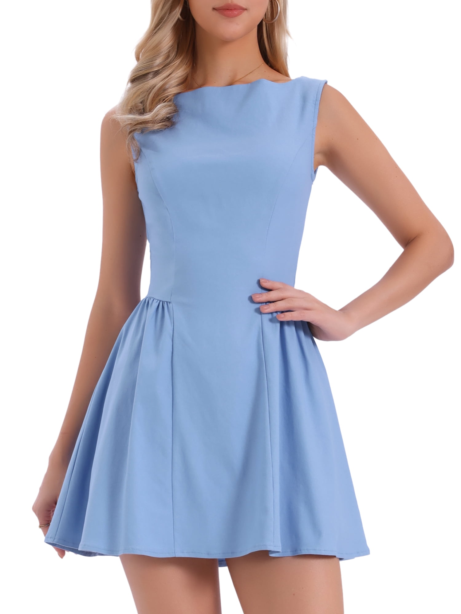 DARING DIVA Women's Sleeveless Boat Neck A Line Office Work Dress XS Blue