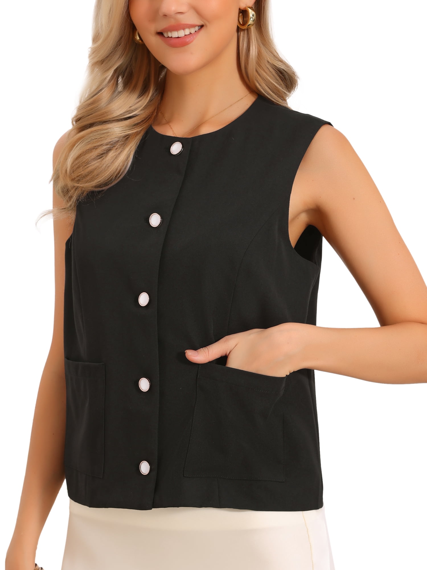 DARING DIVA Women's Sleeveless Button Down Loose Fit Waistcoat Top M Black