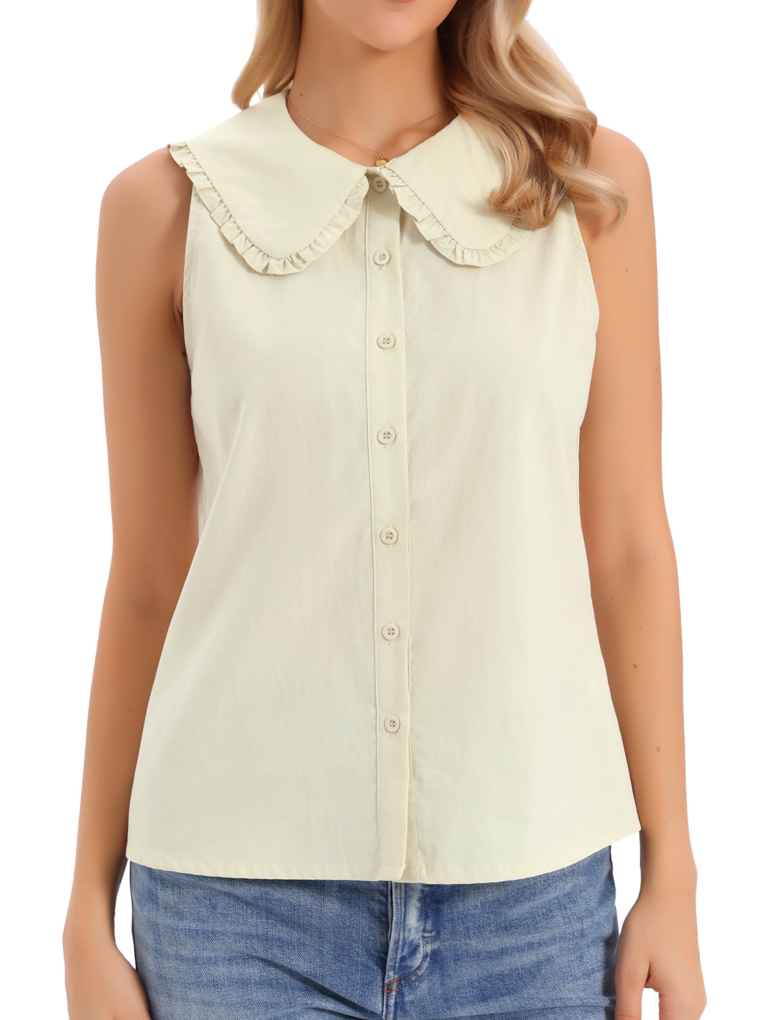 DARING DIVA Women's Button-Down Peter Pan Collar Tank Tops XS Apricot